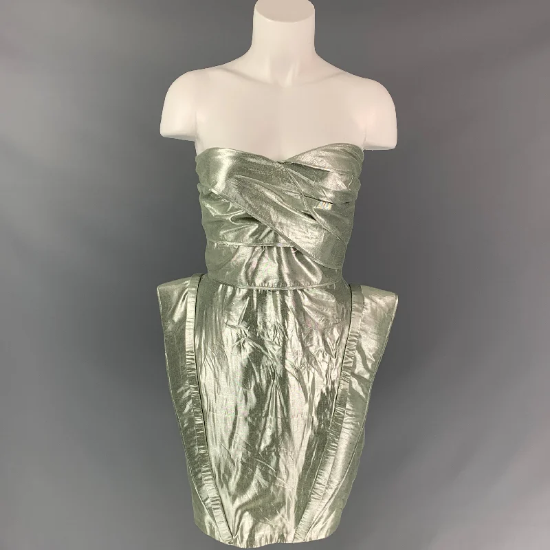 RACHEL GILBERT Size 4 Light Green & Silver Lurex Metallic Dress