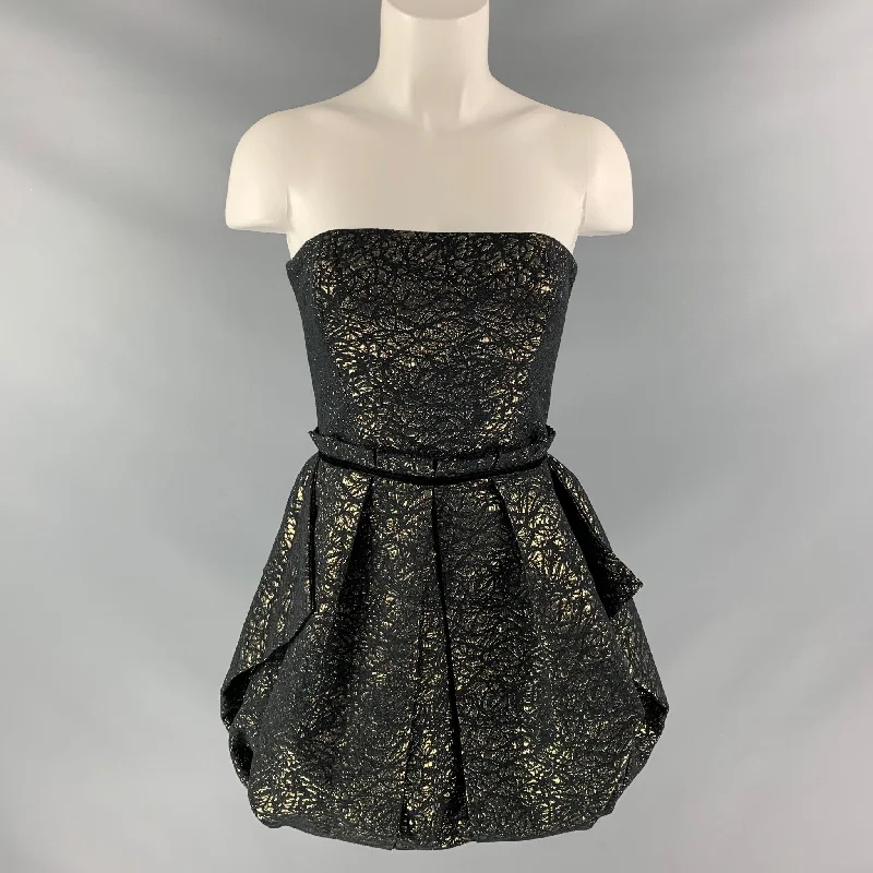 RACHEL ZOE Size 0 Black Gold Cotton Blend Jacquard Strapless Dress