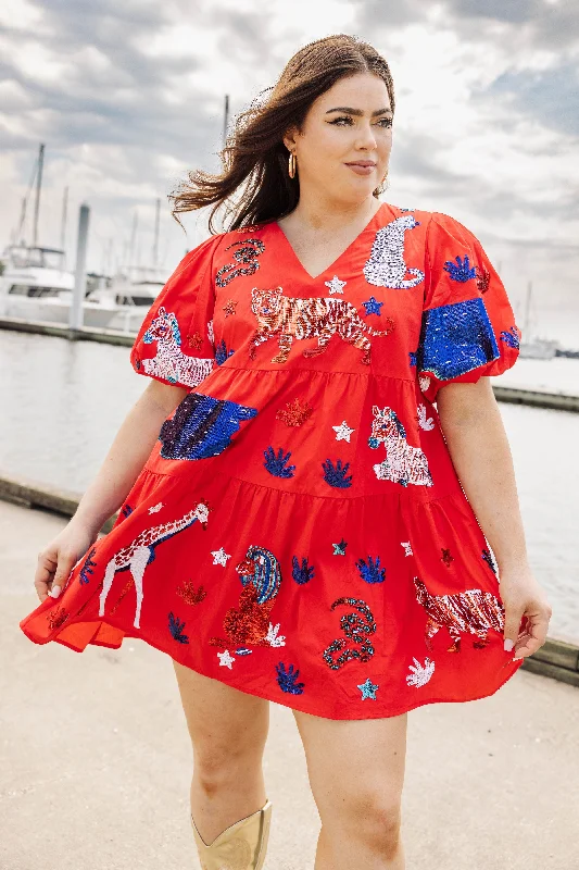 Red, White, and Blue Animal Poof Sleeve Dress