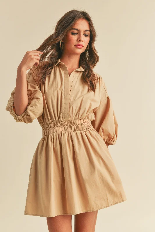 Taupe Elastic Band Waist Shift Dress