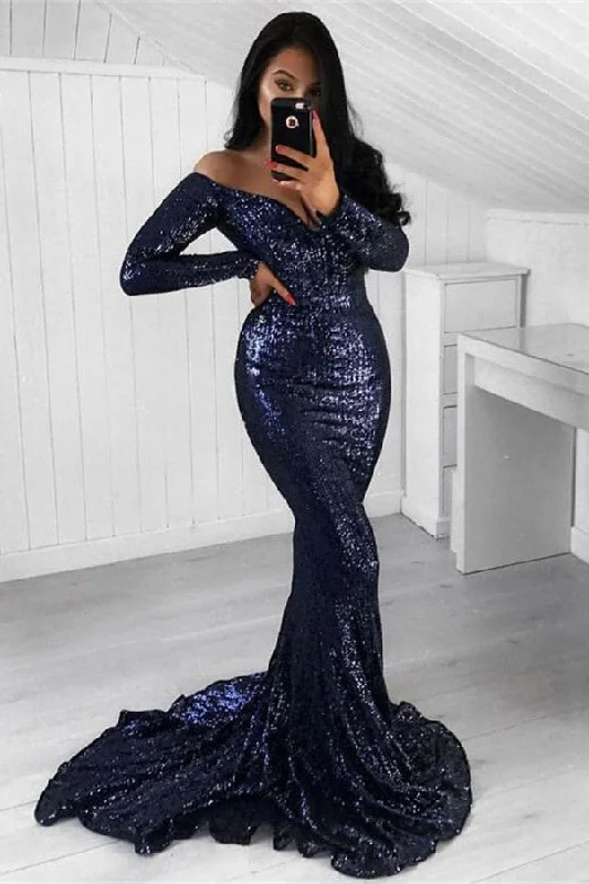 Chic Sequined Mermaid Long Sleeves Mermaid Off Shoulder Prom Party Gowns Maxi Skirt Style