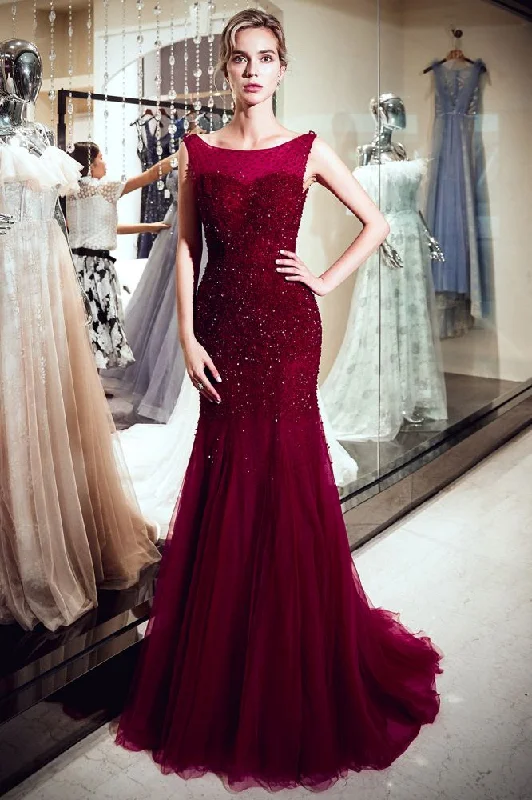 MELBA Mermaid Sleeveless Long Sequined Tulle Burgundy Evening Gowns Floral Maxi Skirt