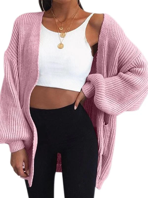 Solid Color Pockets Long SLeeve Oversized Sweater Cardigan Coat Elegant Long Skirt