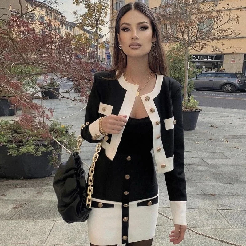 Women'S Autumn  2022 Bodycon Bandage Button 2 Two-Piece Set Sexy O-Neck Long-Sleeved Jacket + Skirt Party Set Velvet Maxi Skirt