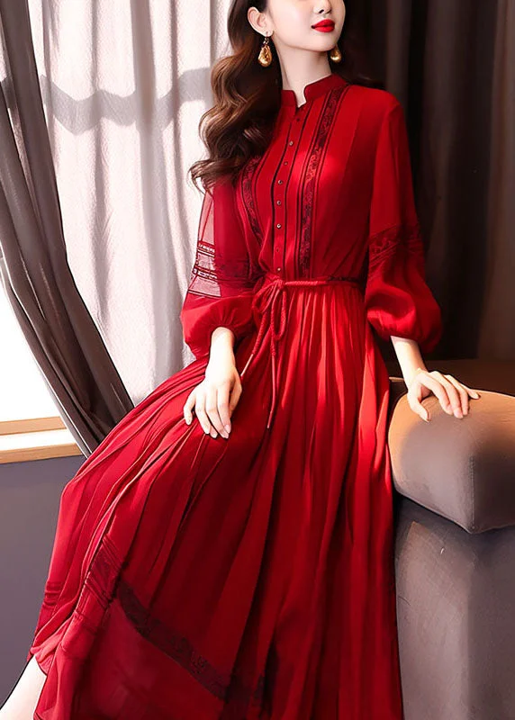 French Red Hollow Out Lace Up Long Dress Bracelet Sleeve QR033