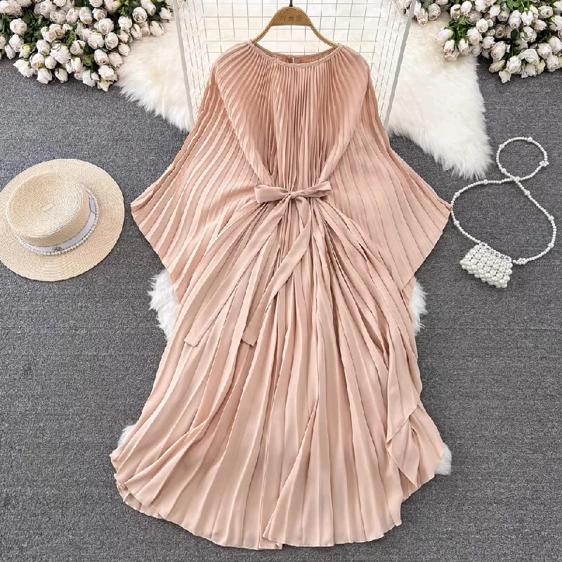 Italian Pink Batwing Sleeve Lace-up Pleated Dress AZ1004