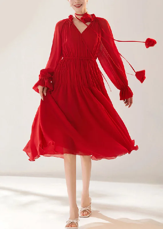 New Red Wrinkled Lace Up Chiffon Dress Fall QR030