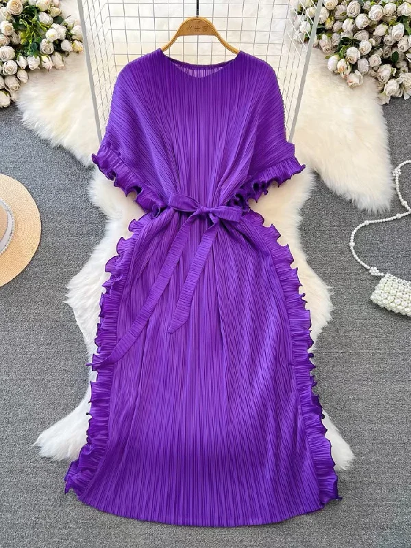 Stylish Loose Purple Round Neck Pleated Batwing Sleeve Lace-up Dress AZ1002