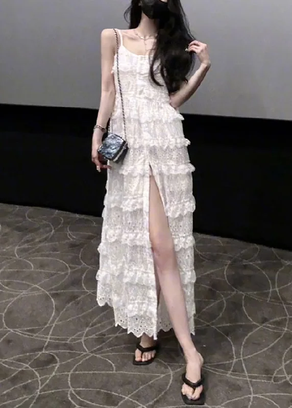 Stylish White Ruffled Side Open Lace Spaghetti Strap Dress Sleeveless KK060