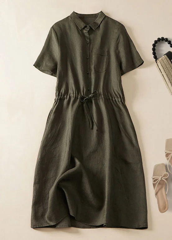 Women Army Green Lace Up Button Linen Dress Summer GG051