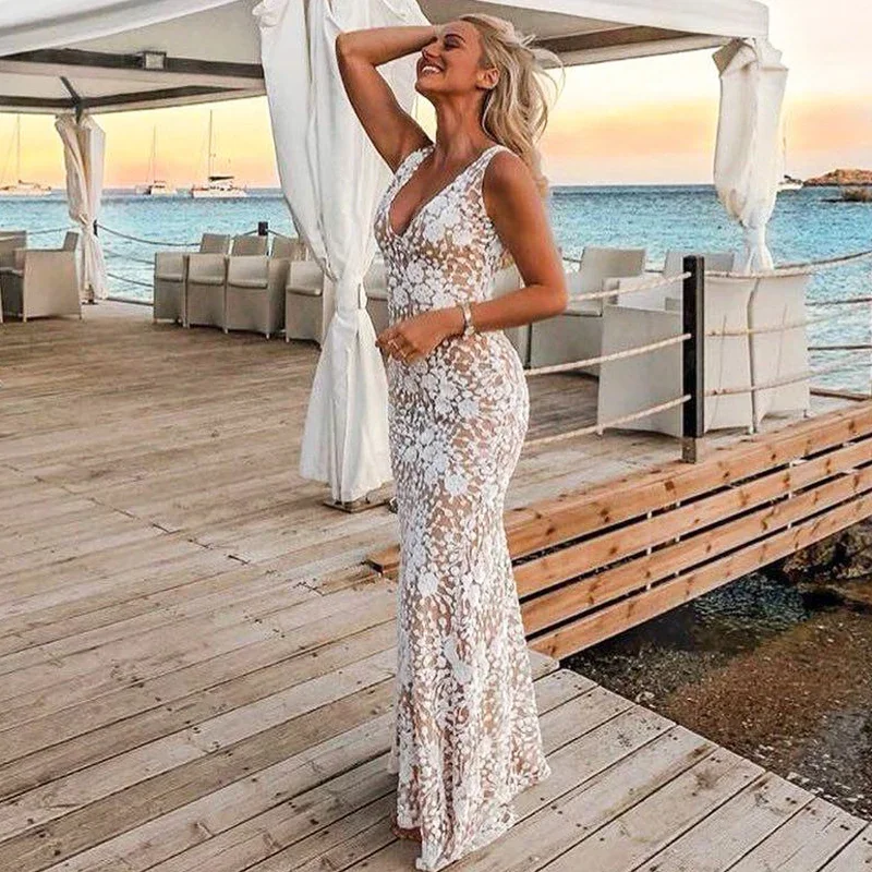 Women's Summer Lace V-Neck Sheath Long Dress