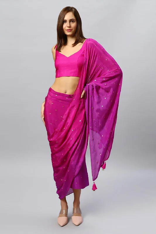 Jolie Magenta Chinon Silk Sarong Saree with Gold Sequins