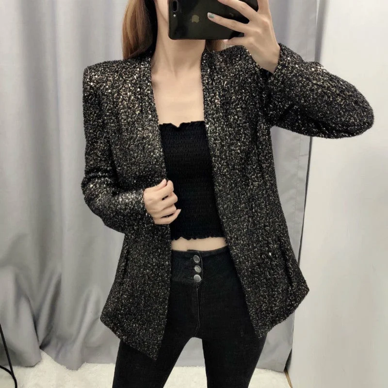 Sequin Buttonless Collarless Blazer 2023 Women Simple Work Clothing Casual Office Blazer Suit Black Indie Streetwear