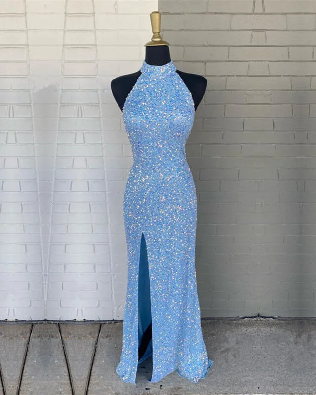 Mermaid Sequin Halter Slit Dress