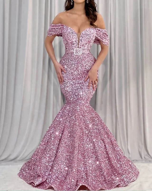 Mermaid Dusty Pink Sequin Off-shoulder Dress