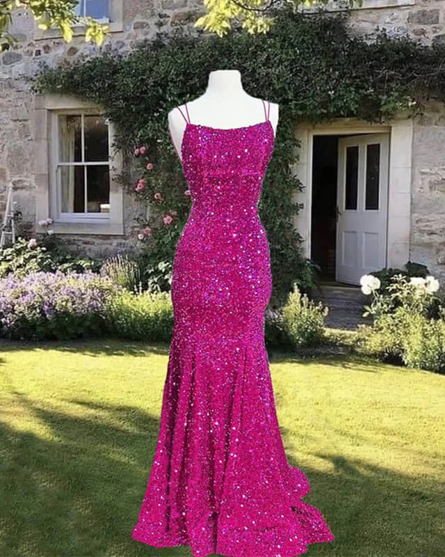 Mermaid Fuchsia Sequin Open Back Dress