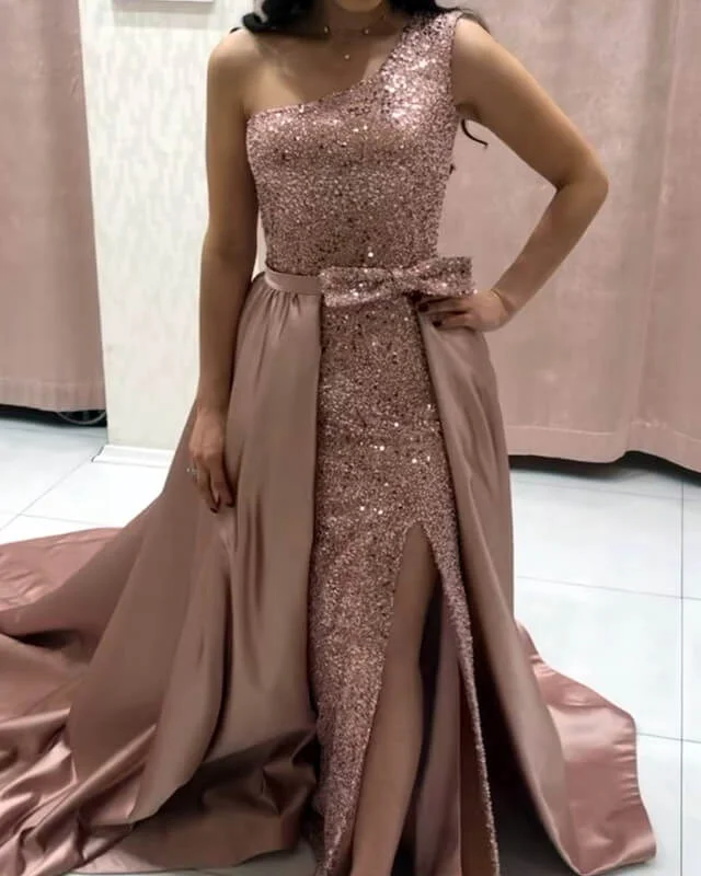 Mermaid Rose Gold Sequin Prom Dress Removable Train