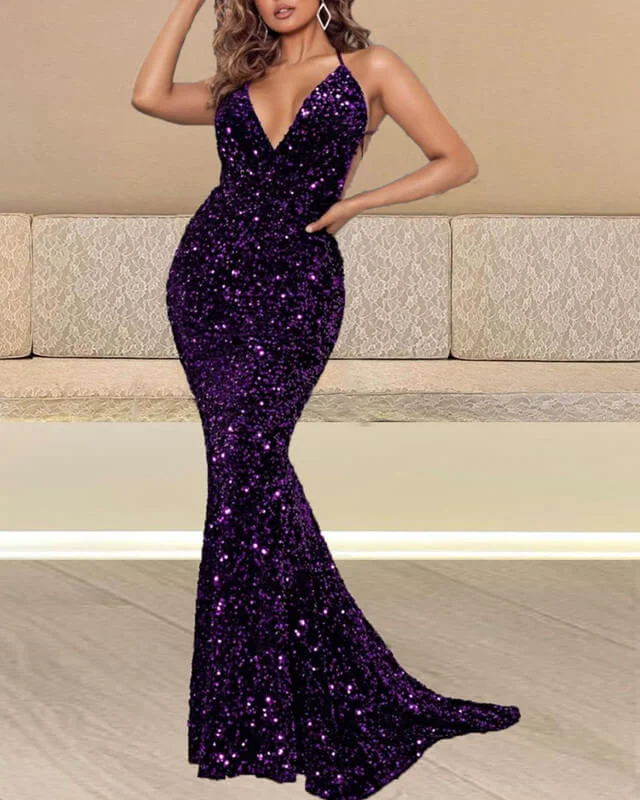 Mermaid Purple Sequin Dress V-neck Cross Back