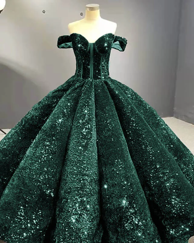 Green Sequin Off The Shoulder Ball Gown