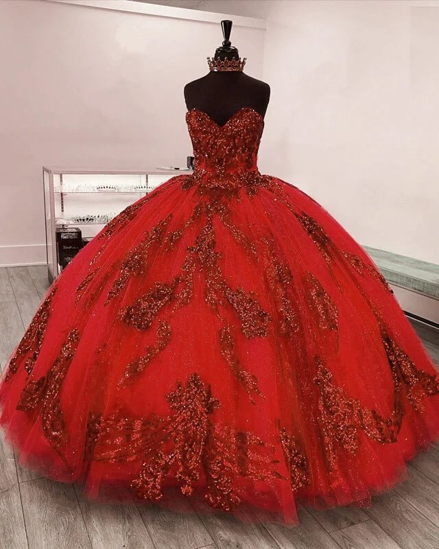 Red Sequin Embroidery Sweetheart Quinceanera Dresses