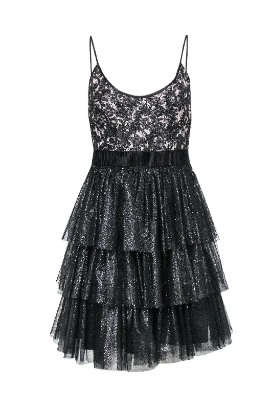 Badgley Mischka - Black & Nude Lace Fit & Flare Dress w/ Sparkly Tulle Skirt Sz 4