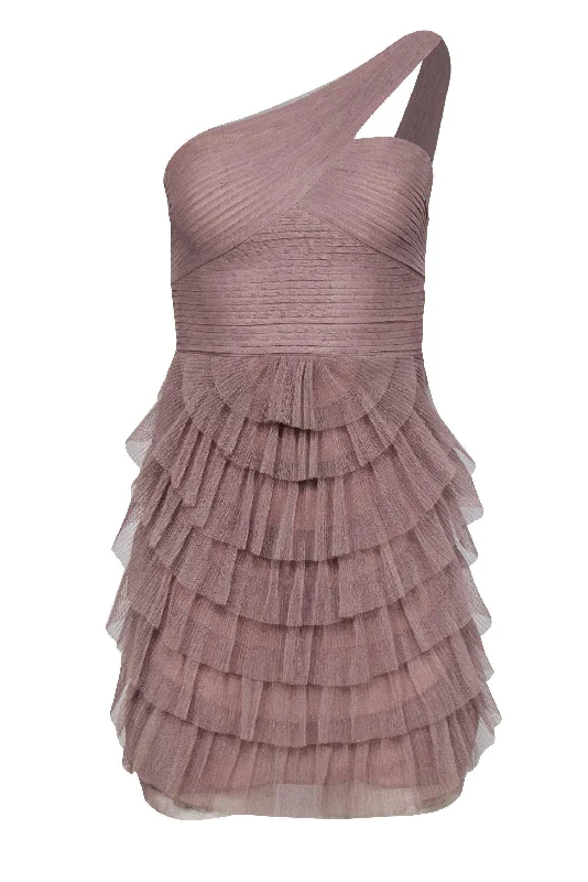 BCBG Max Azria - Beige Pleated Tulle One Shoulder Sheath Dress w/ Tiered Skirt Sz 0