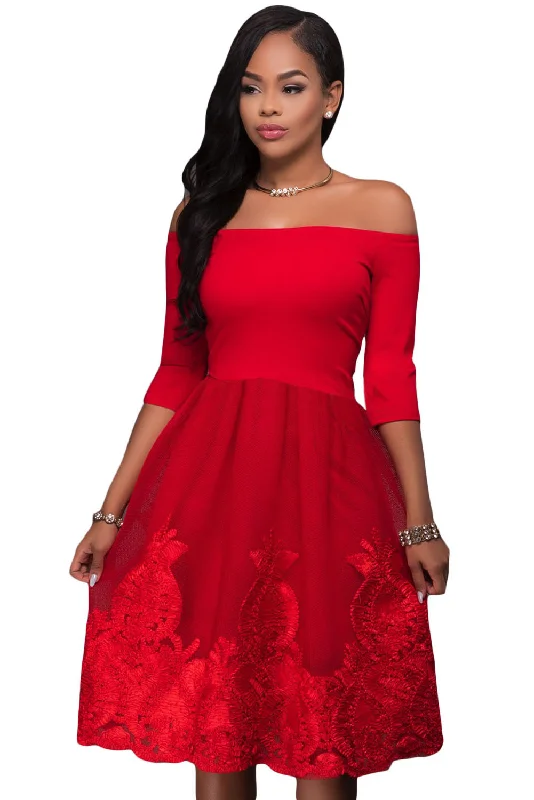 Sexy Hot Red Lacy Embroidery Tulle Skirt Skater Dress