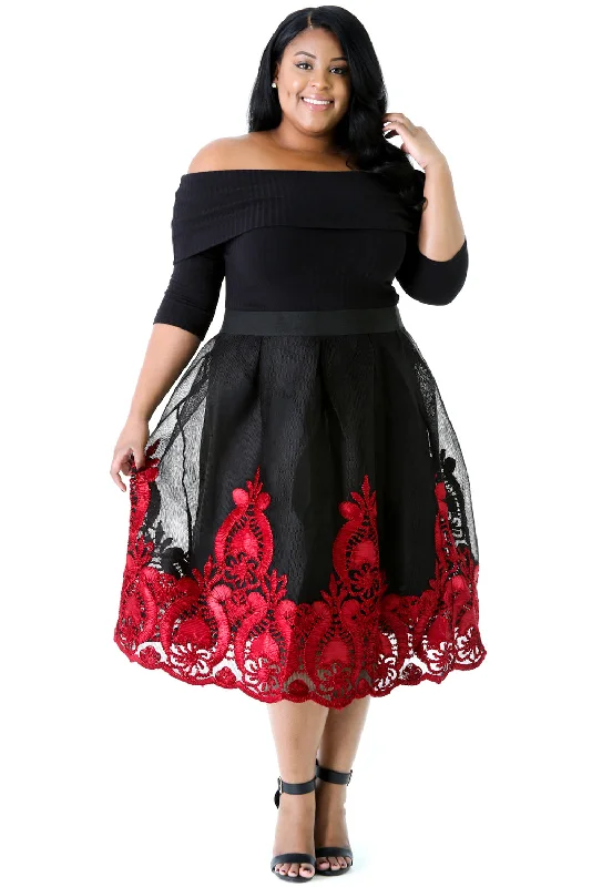 Red Lacy Embroidery Tulle Skirt Curvy Skater Dress