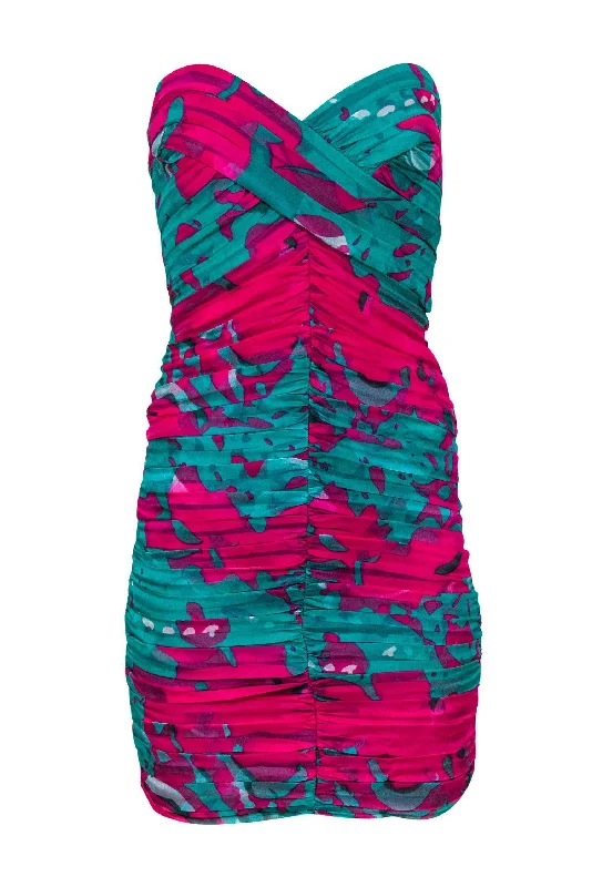 Tadashi Shoji - Bright Green & Magenta Ruched Tulle Strapless Dress Sz 10