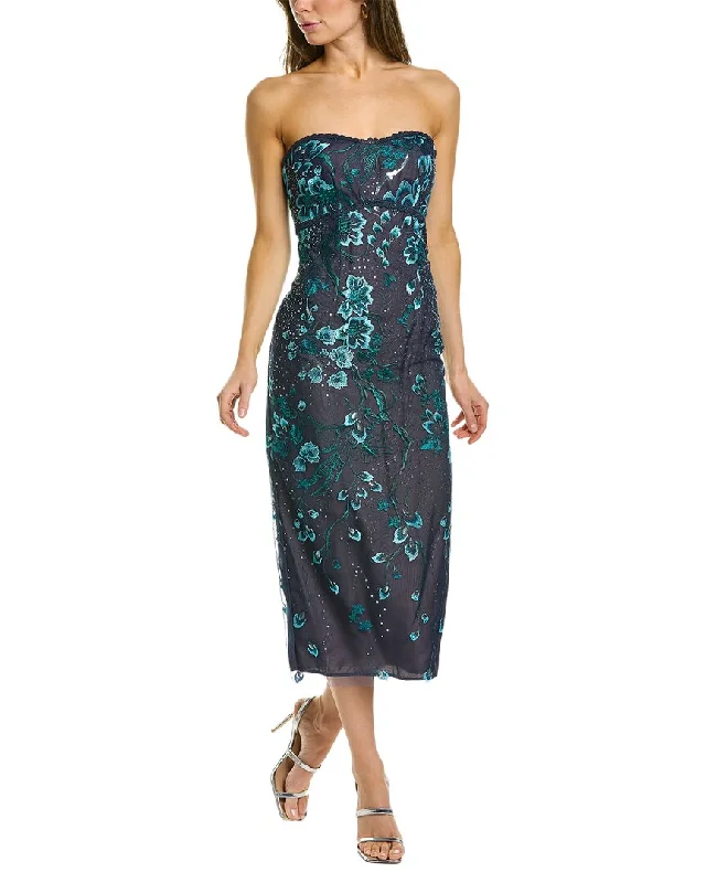 Marchesa Notte Strapless Embroidered Midi Dress