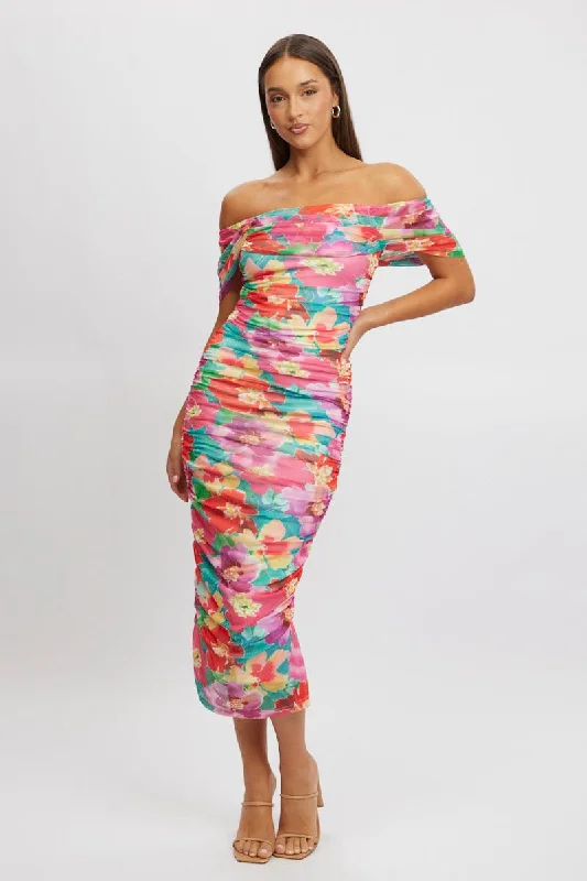 Multi Floral Bodycon Dress Mesh