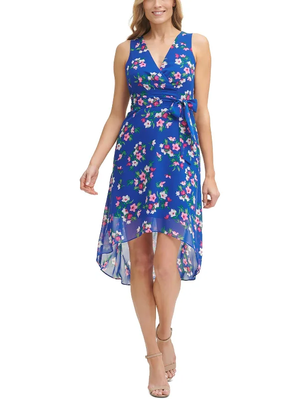 Petites Womens Chiffon Printed Midi Dress