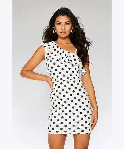 Polka Dot One Shoulder Bodycon Dress White